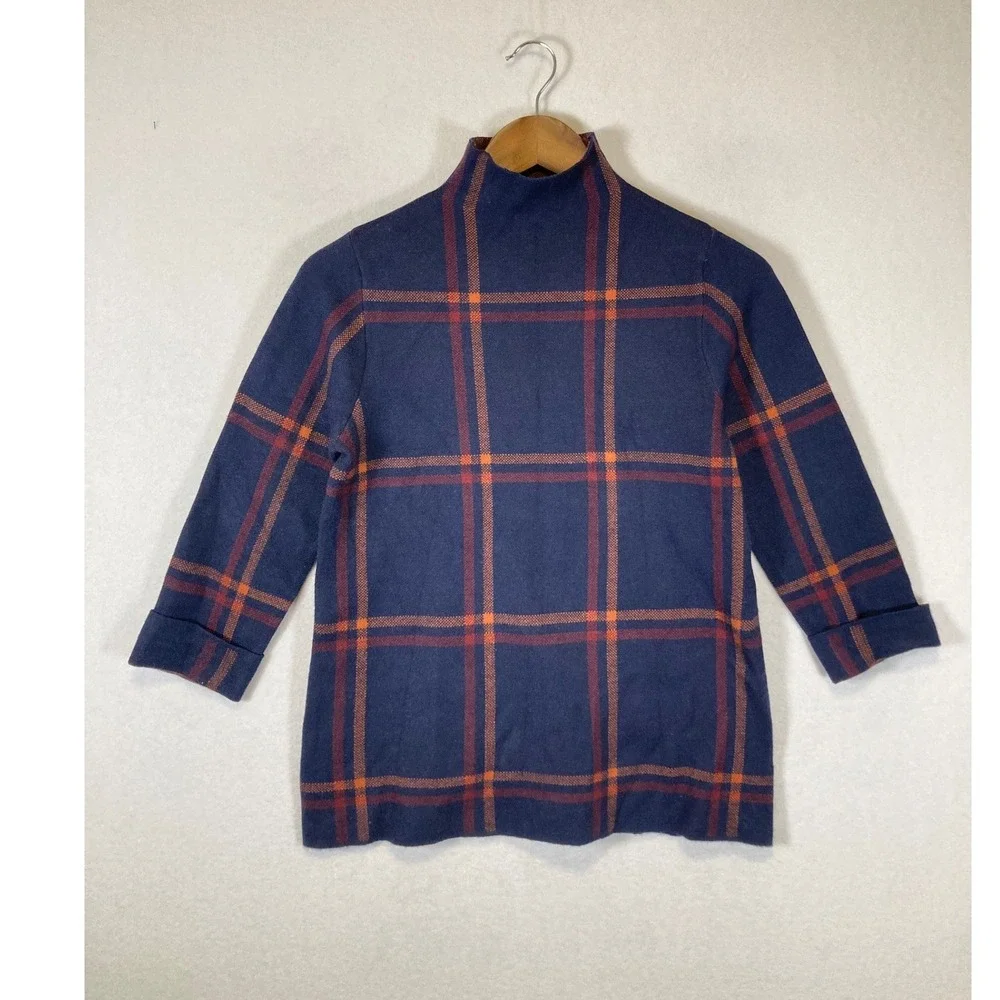 Dark Academia Max Studio Women S Navy Blue Orange Plaid Mock Neck Sweater